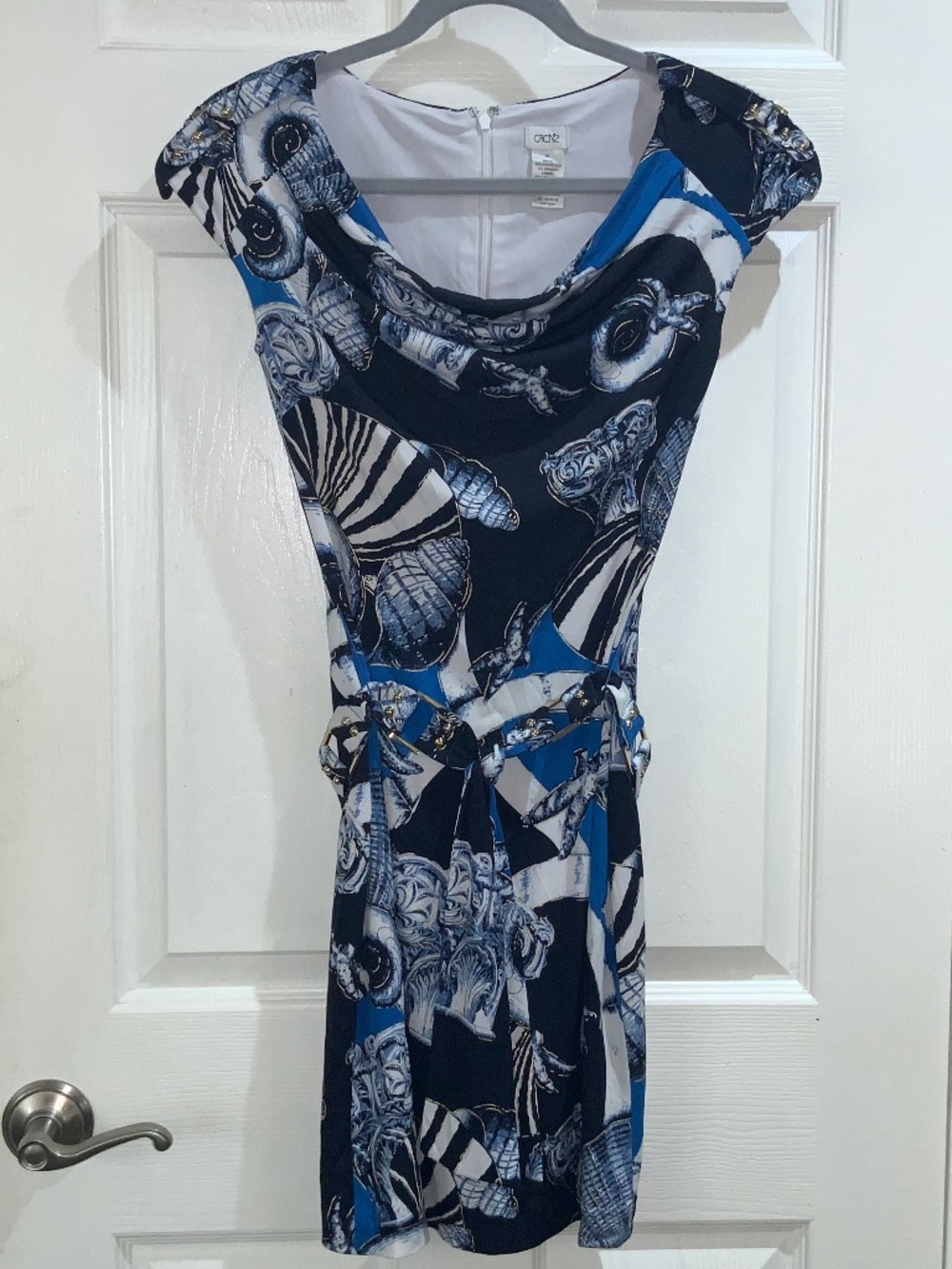 CACHE vintage Coastal Nautical drape neck mini dress Sz XS belt goldtone accents